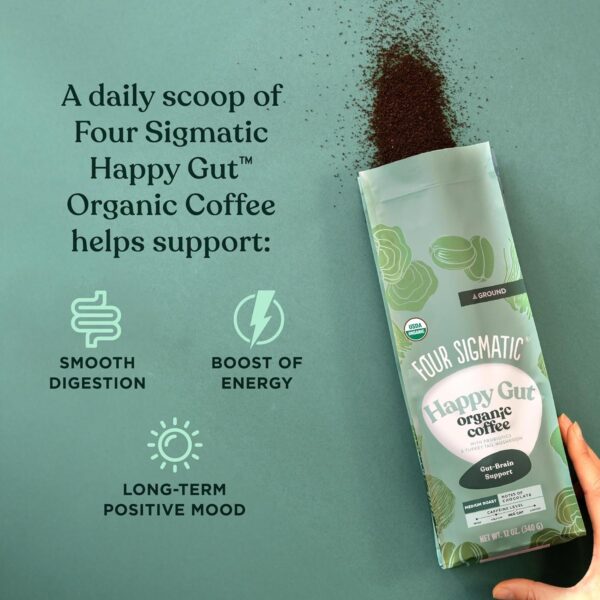 Four Sigmatic Happy Gut Organic Ground Coffee | Medium Roast Fair Trade Gourmet Coffee with Chaga & Turkey Tail | Immune