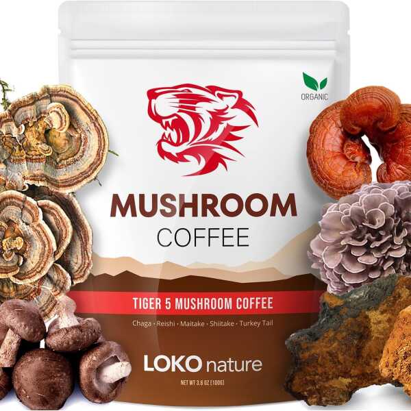 Tiger Organic 5 Mushroom Instant Coffee with 100% Arabica – Powerful Natural Ingredients | Reishi, Maitake, Shiitake, Chaga &