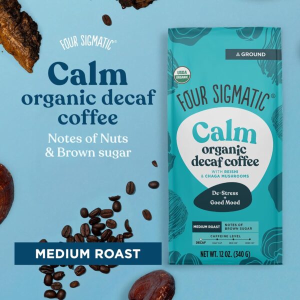 Four Sigmatic Calm Organic Decaf Ground Coffee | Swiss Water Decaf Coffee Ground | Decaffeinated Coffee with Chaga & Reishi