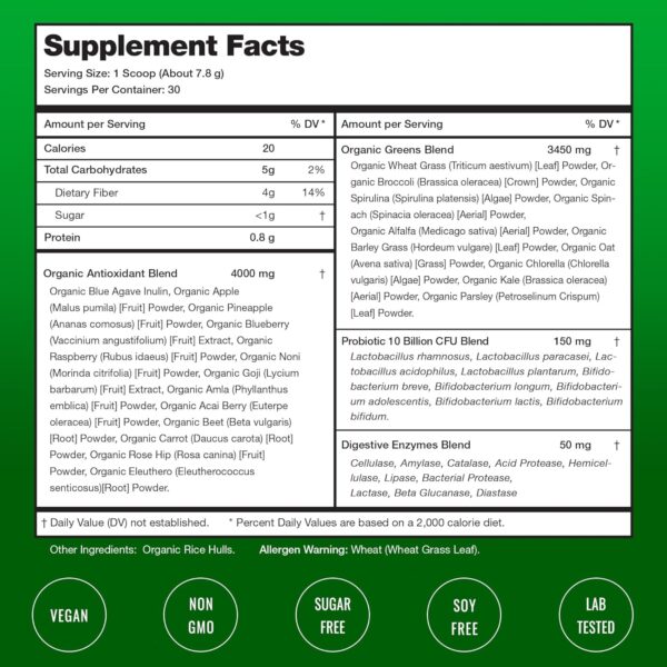 NutraChamps Super Greens Powder Premium Superfood | 20+ Organic Green Veggie Whole Foods | Alfalfa, Spirulina, Chlorella & More