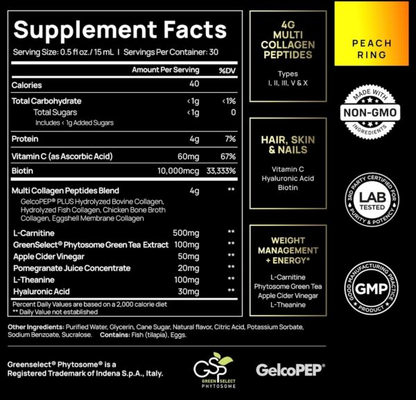 Premium Liquid Collagen for Women Weight Loss & Beauty w. Hyaluronic Acid, L-Carnitine, Apple C Vinegar & Biotin – Ultra Pure
