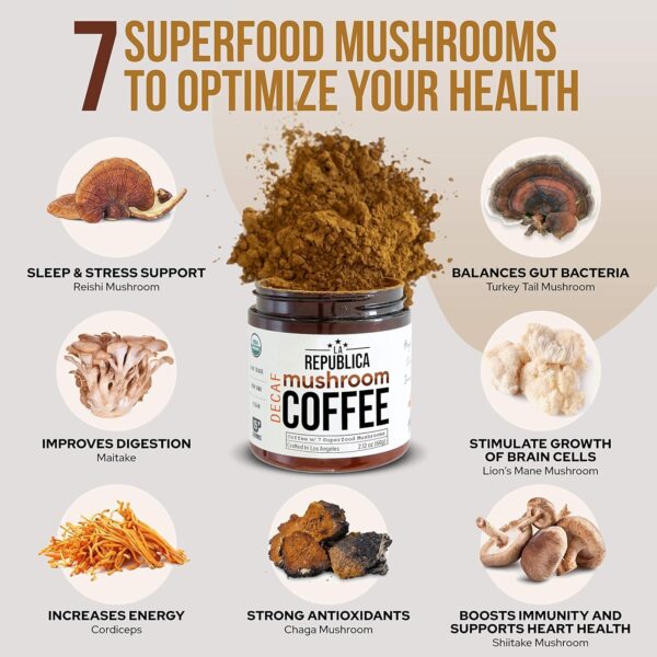 La Republica Organic Decaf Mushroom Coffee with 7 Superfood Mushrooms, Water-Processed Instant Coffee Mix with Lion’s Mane,